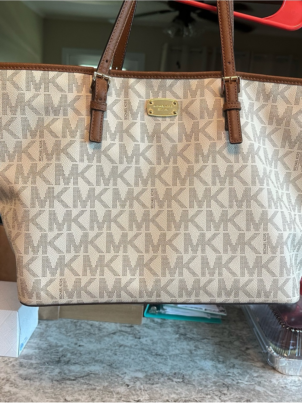 Michael Kors Beige Signature Canvas Tote with Brown Trim